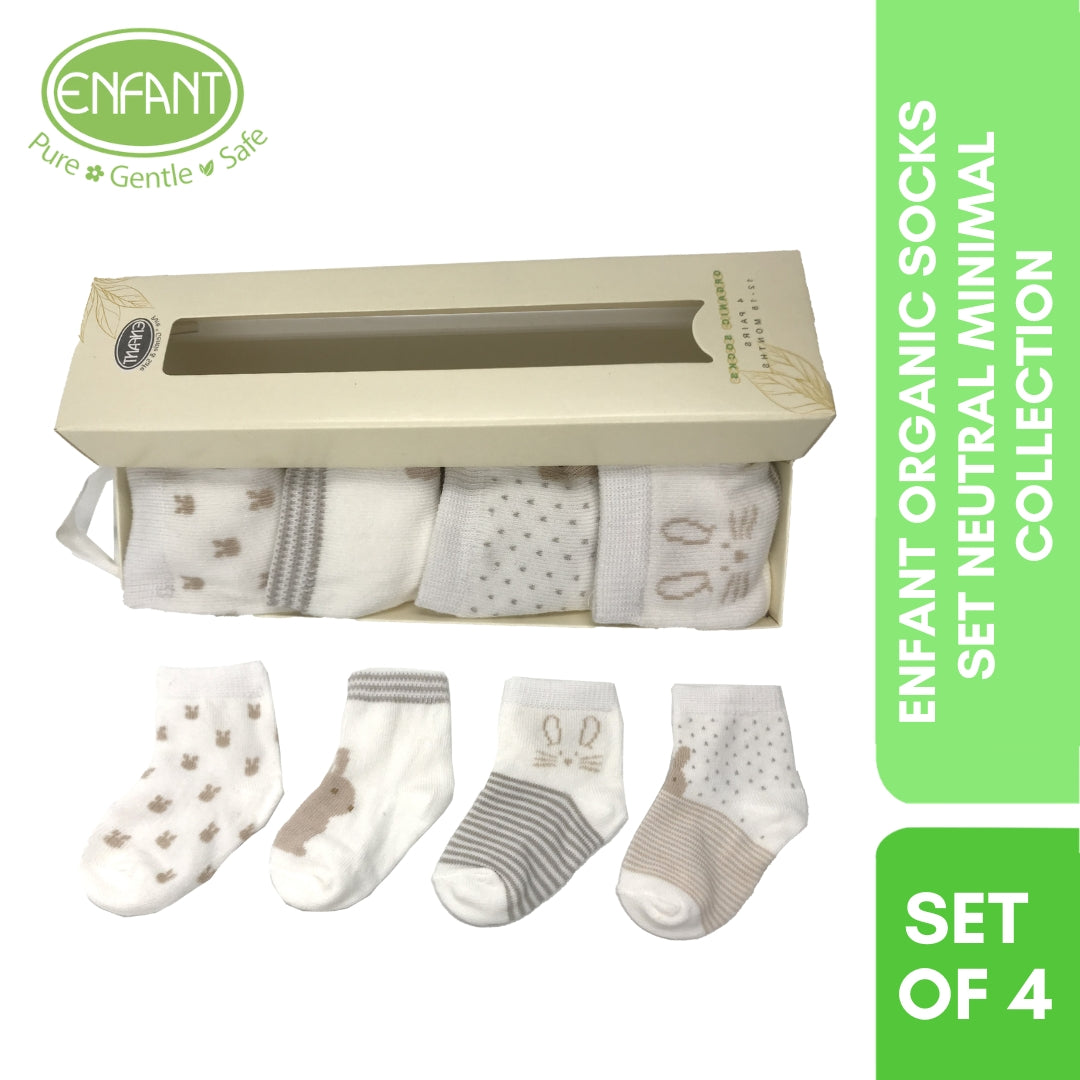 ENFANT ORGANIC SOCKS BABY SOCKS  WHITE RABBIT DESIGN FOR 0-6/ 6-12/ 12-18 (4 PAIRS )