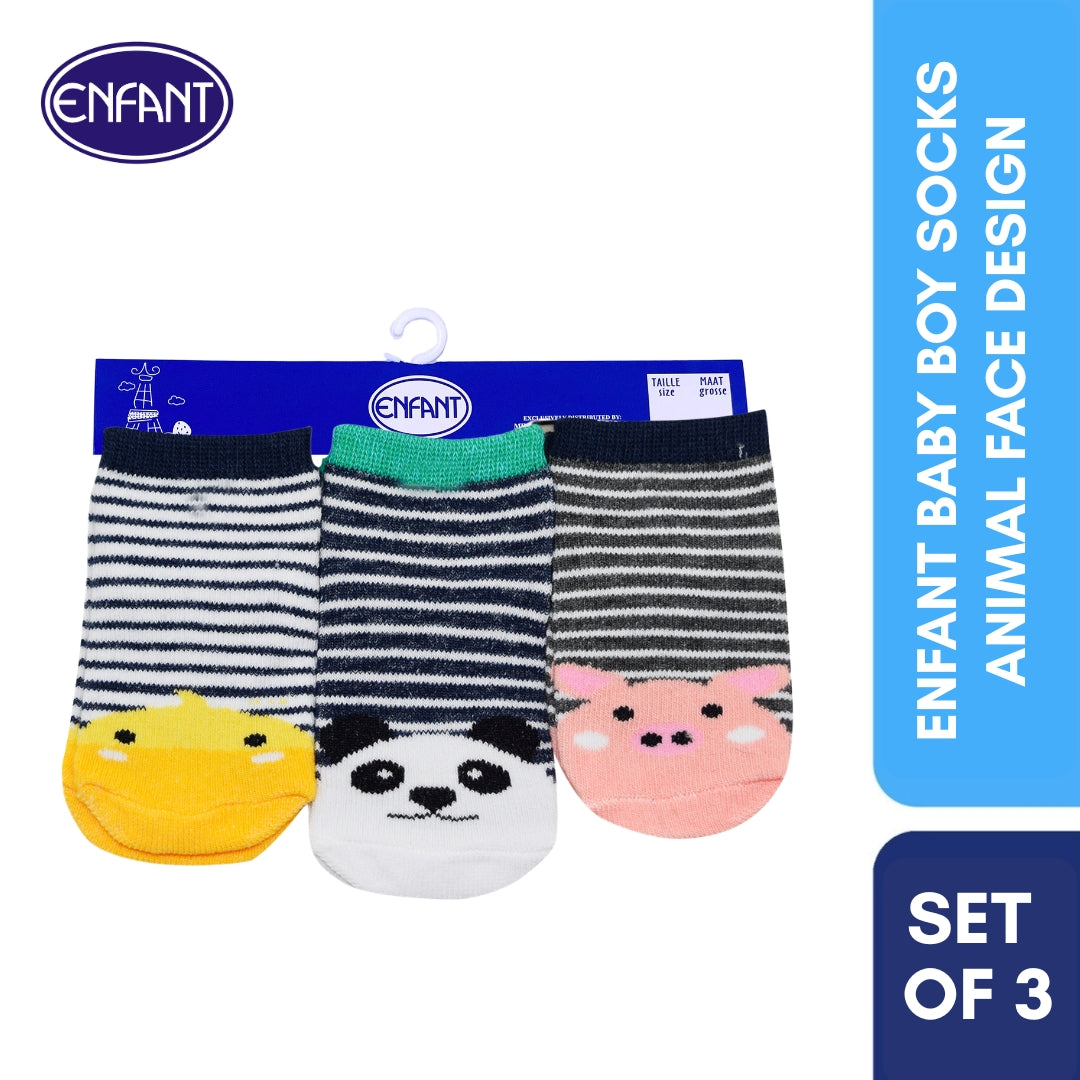 Enfant Baby Socks Set of 3 With Cute Stripe Animal Design (yellow,pink,white)