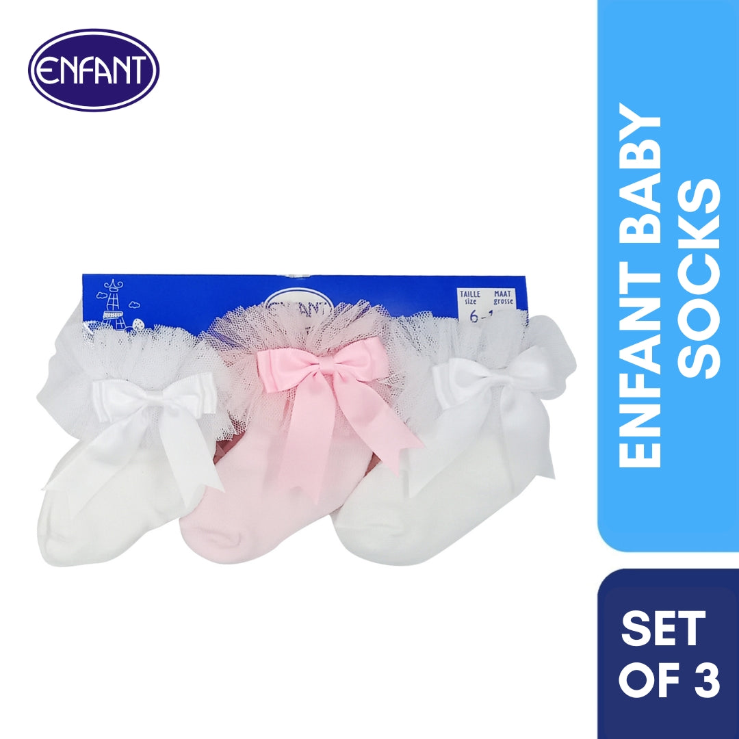 Enfant Baby Cute  Girl Socks with Laces for 0-6/6-12/12-24 months (3 PAIRS)