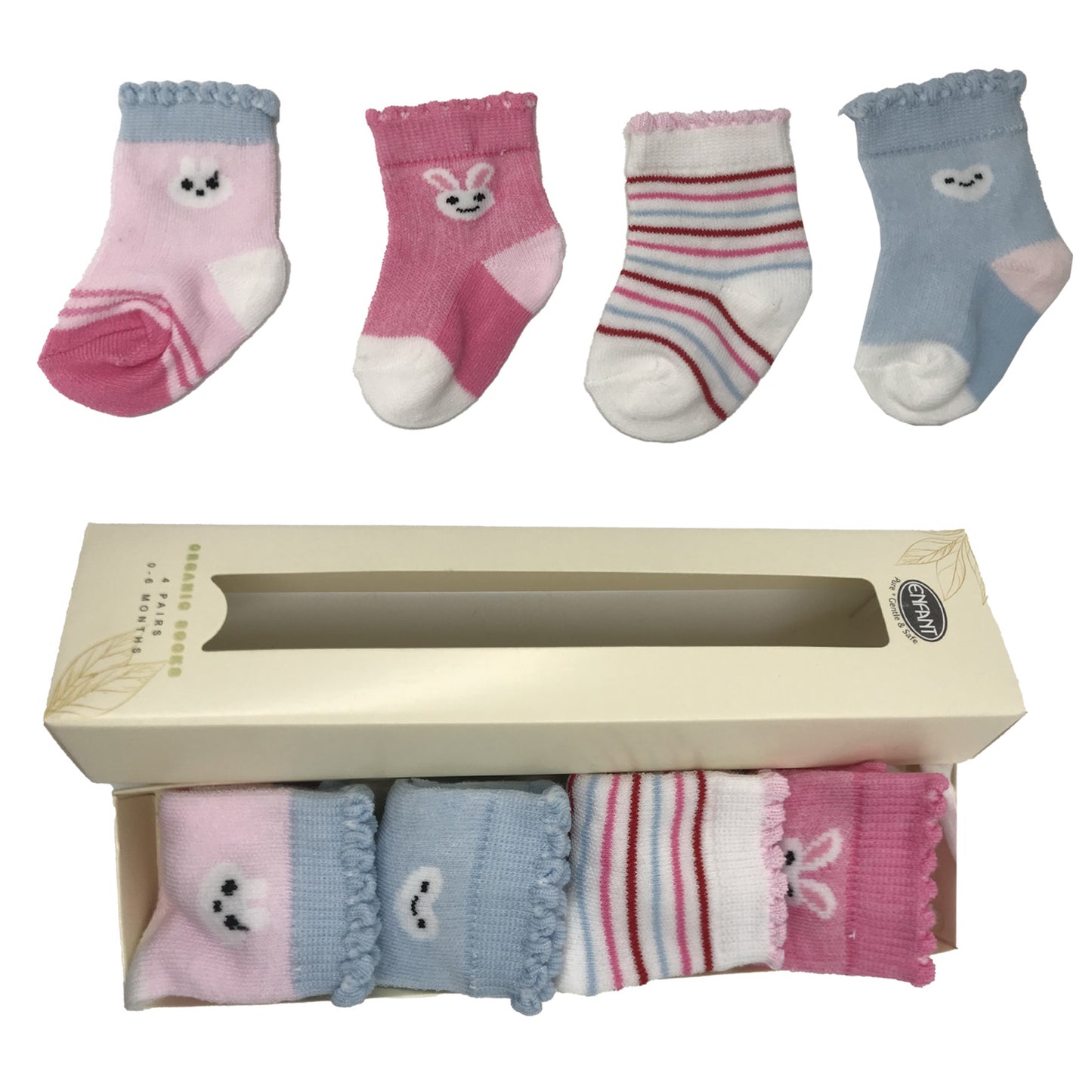 Enfant Organic Socks Baby Socks Pink Rabbit Design For 0-6 months ( 4 pairs )