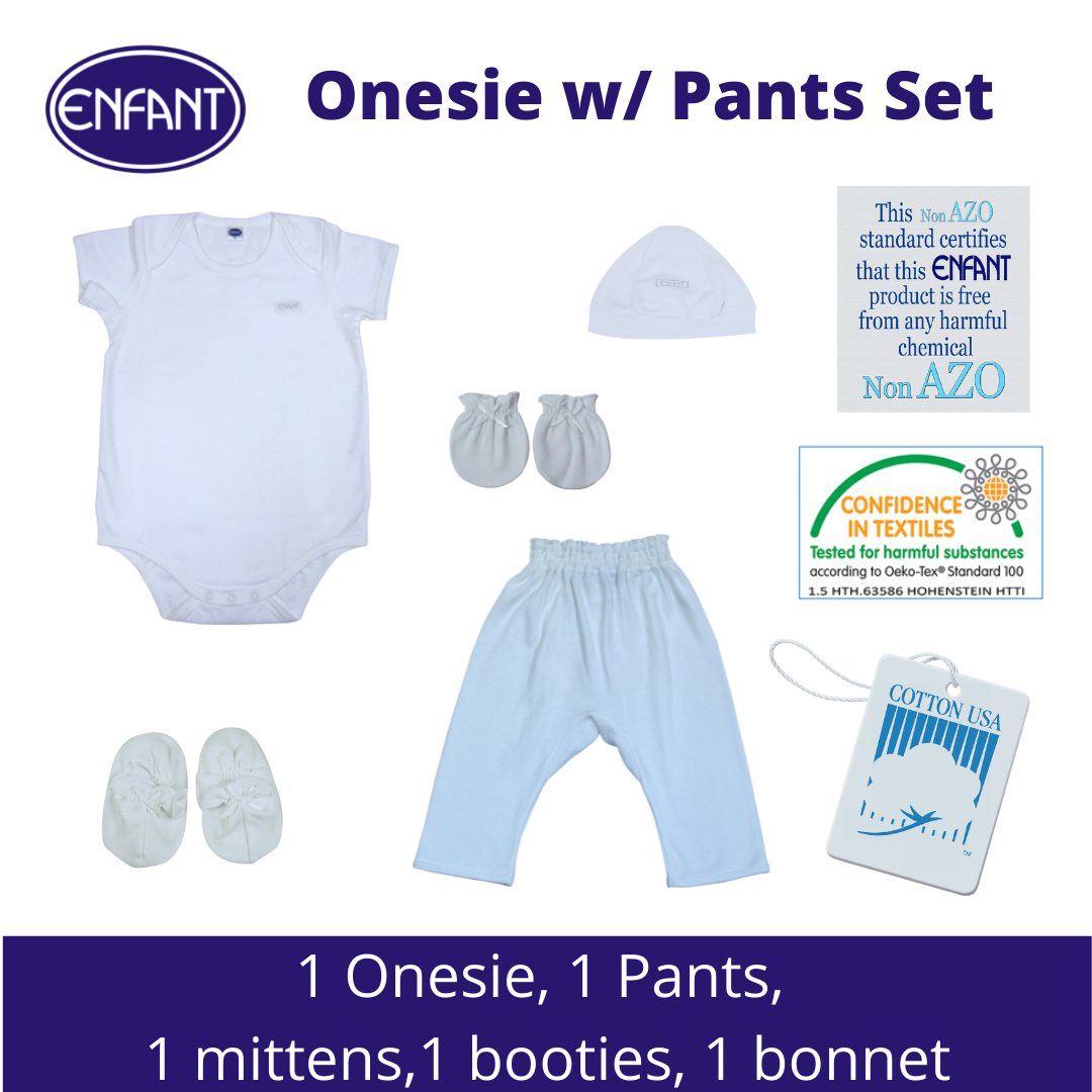 Enfant Newborn Baby Clothes Pajama Bundles Sets - Plain White, Pink, Blue   (Shirts, Pants, Mittens, Booties, Bib, Bonnet)