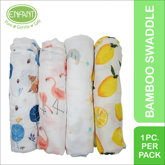 Enfant 100% Bamboo Super Soft Muslin Swaddle Blanket Multipurpose Cloth with Cute Design 110x110 cm Baby Wrap