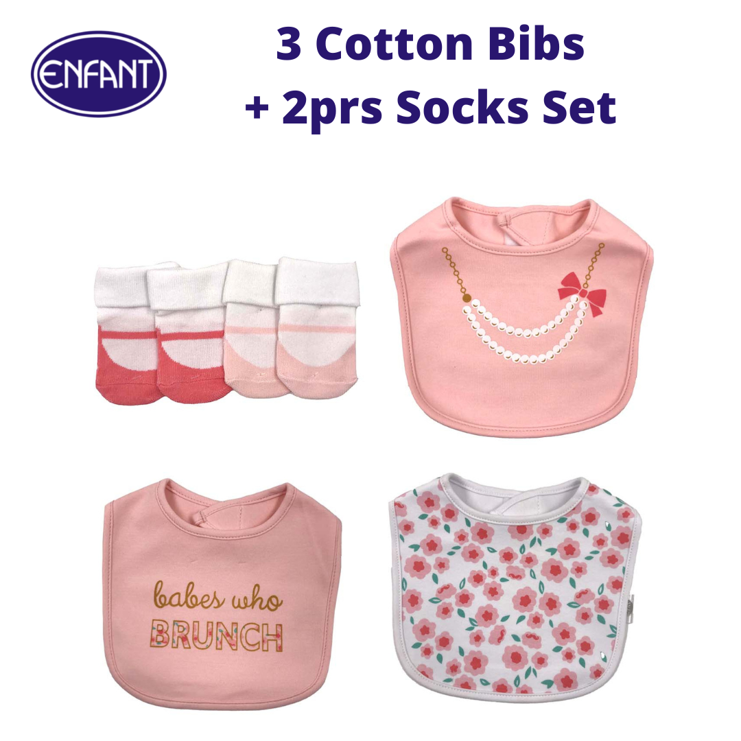 Enfant NEW Baby Newborn 3 Cotton Bibs and 2 pairs Socks Set  (5 pcs set)