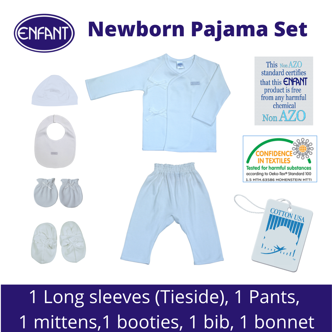 Enfant Newborn Baby Clothes Pajama Bundles Sets - Plain White, Pink, Blue   (Shirts, Pants, Mittens, Booties, Bib, Bonnet)