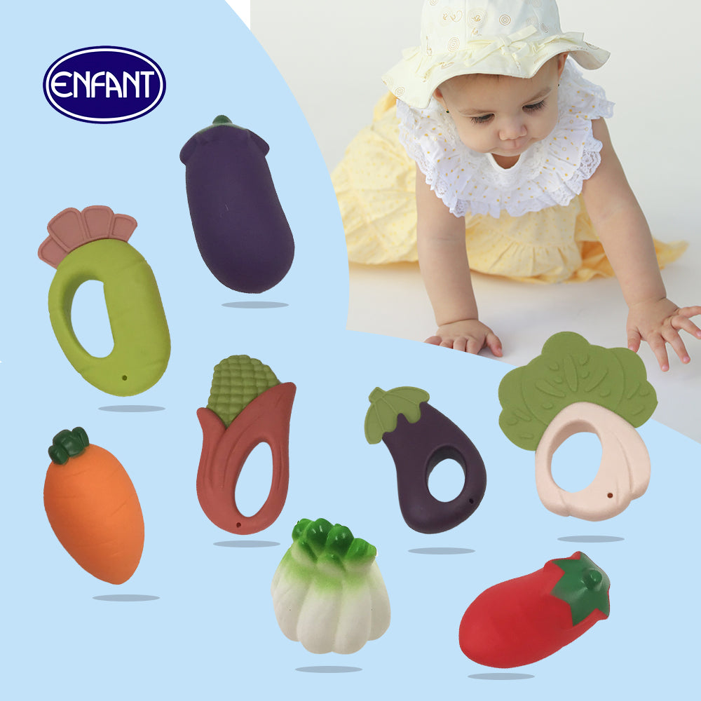 Enfant 8 Pcs Baby teether Fruits and Vegetables Squeaky Plastic bath toy Play set