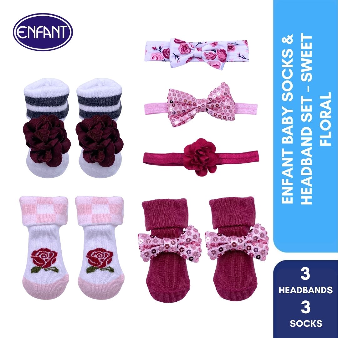 Enfant baby socks and head band for baby girl ( 3 set of  headband and 3 set of socks)