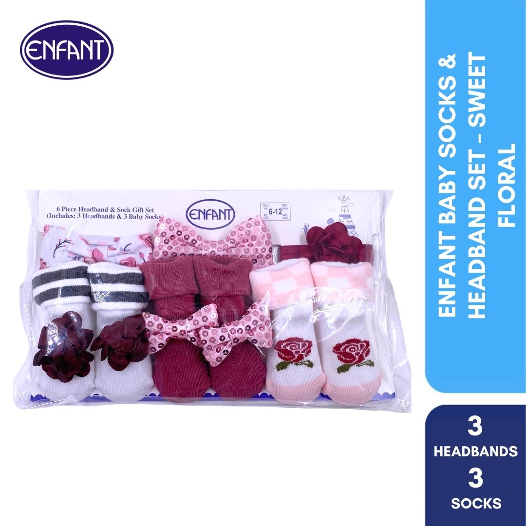 Enfant baby socks and head band for baby girl ( 3 set of  headband and 3 set of socks)