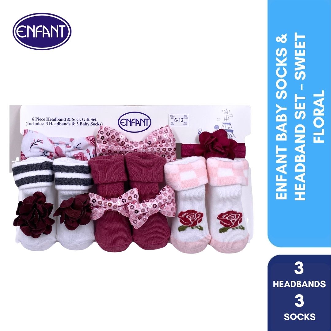 Enfant baby socks and head band for baby girl ( 3 set of  headband and 3 set of socks)