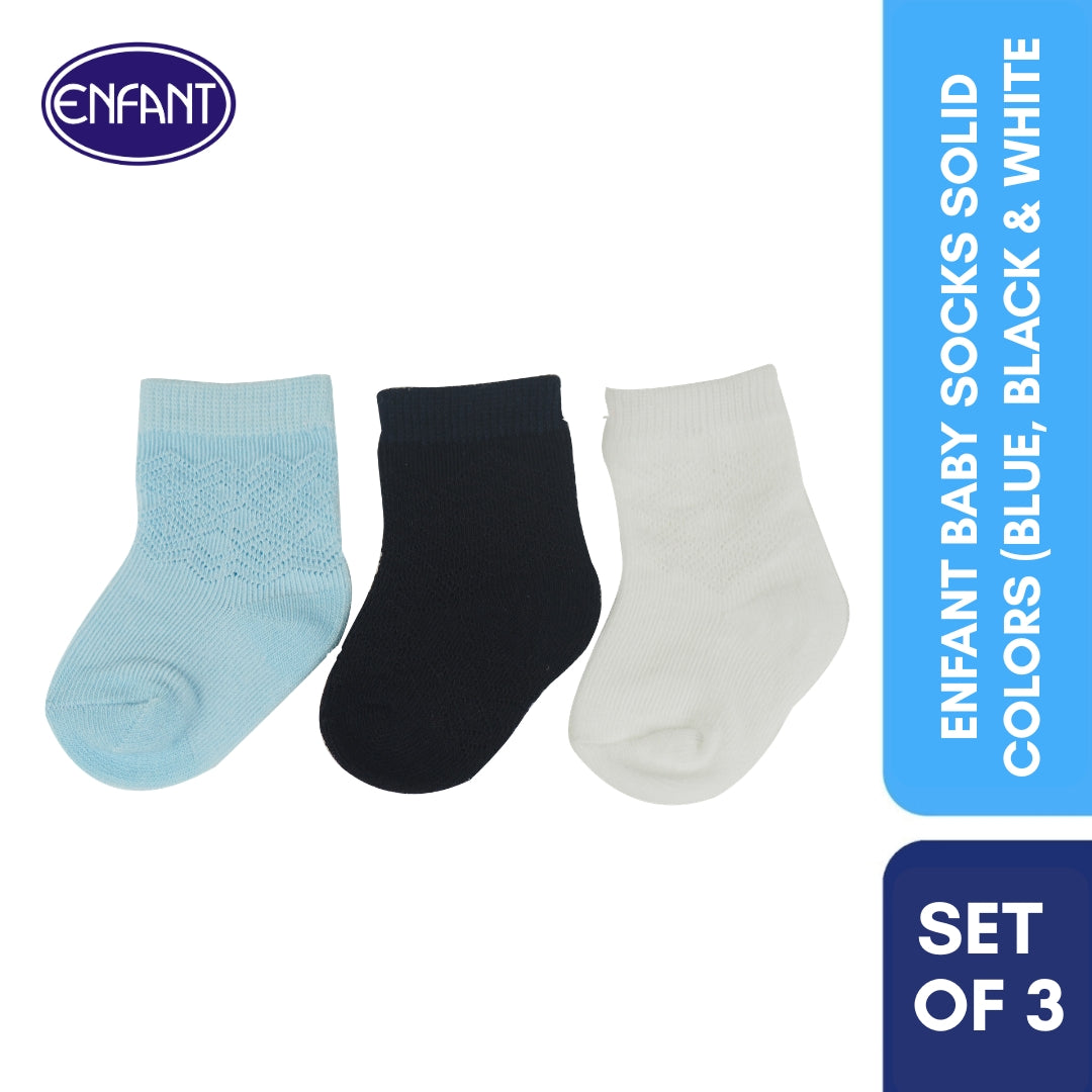 Enfant Baby Socks Solid Colors (Blue, Black & White) 0-6/6-12/12-24 months (3 PAIRS)
