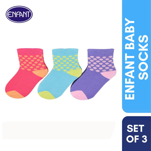 Enfant Baby Girl Socks with polka dots design Set of 3 (pink,blue and violet)
