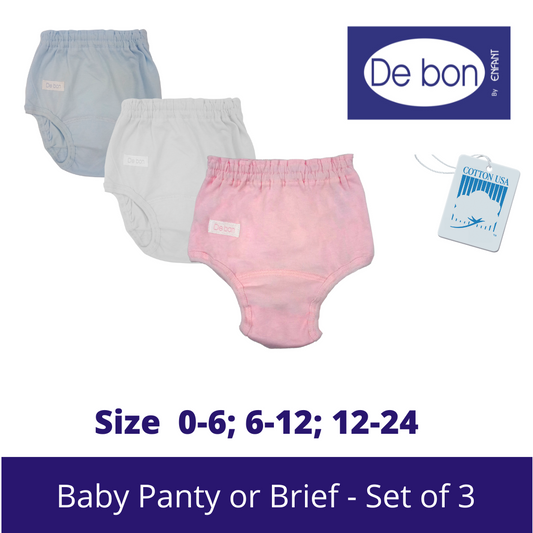 SALE Debon by Enfant Baby Toddler Cotton 100% Baby Panty / Brief  SET OF 3 - SALE Size Newborn upto 2 yr old White, Pink, Blue