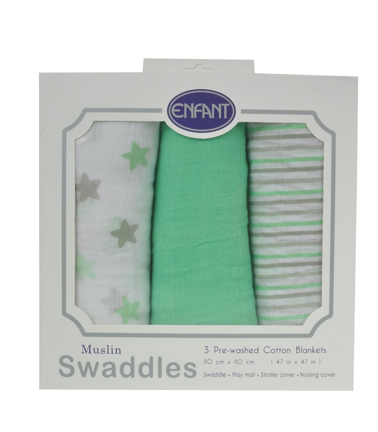 Enfant Baby Muslin Swaddle Set of 3 -Large Multipurpose Cloth and Blanket  110x110 cm