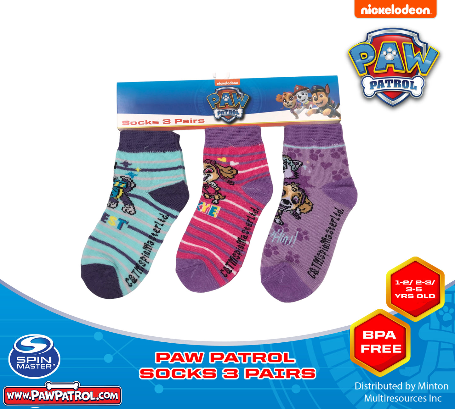 PAW PATROL SOCKS FOR GIRLS SOCKS SET OF 3 FOR 1-2/2-3/3-5 YEARS OLD