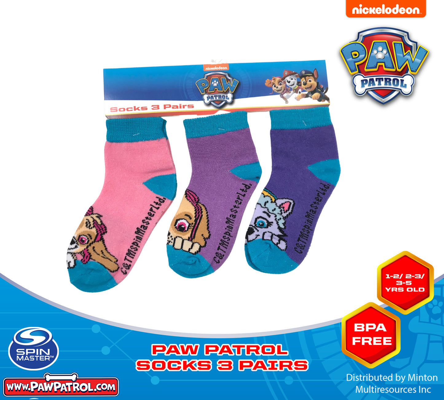 PAW PATROL SOCKS FOR GIRLS SOCKS SET OF 3 FOR 1-2/2-3/3-5 YEARS OLD