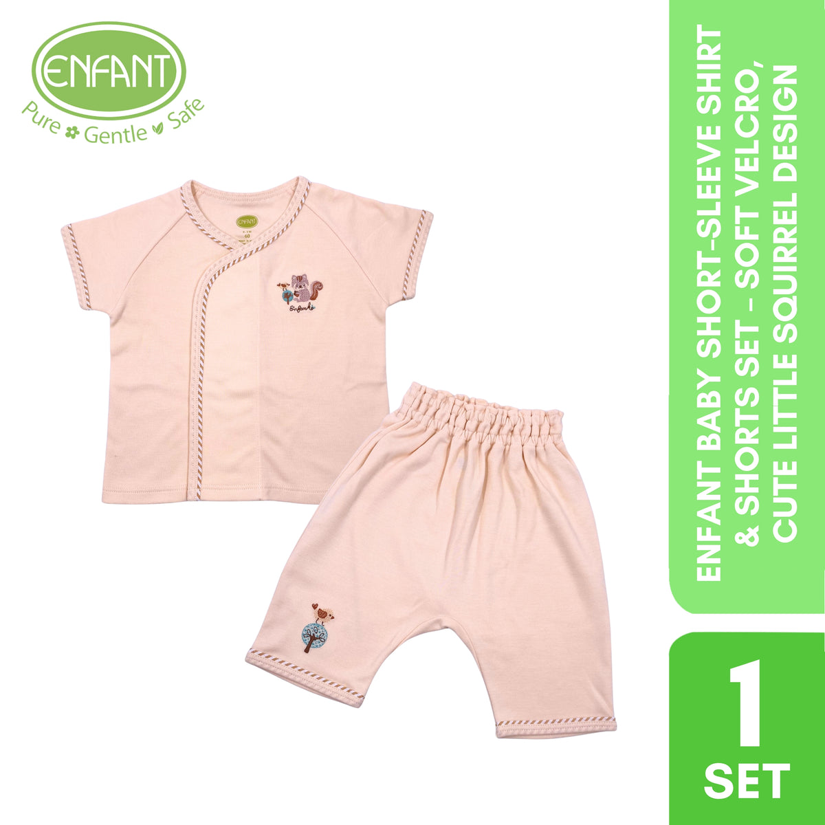 ENFANT Baby Short-Sleeve Shirt & Shorts Set – Soft Velcro, Cute Little Squirrel Design
