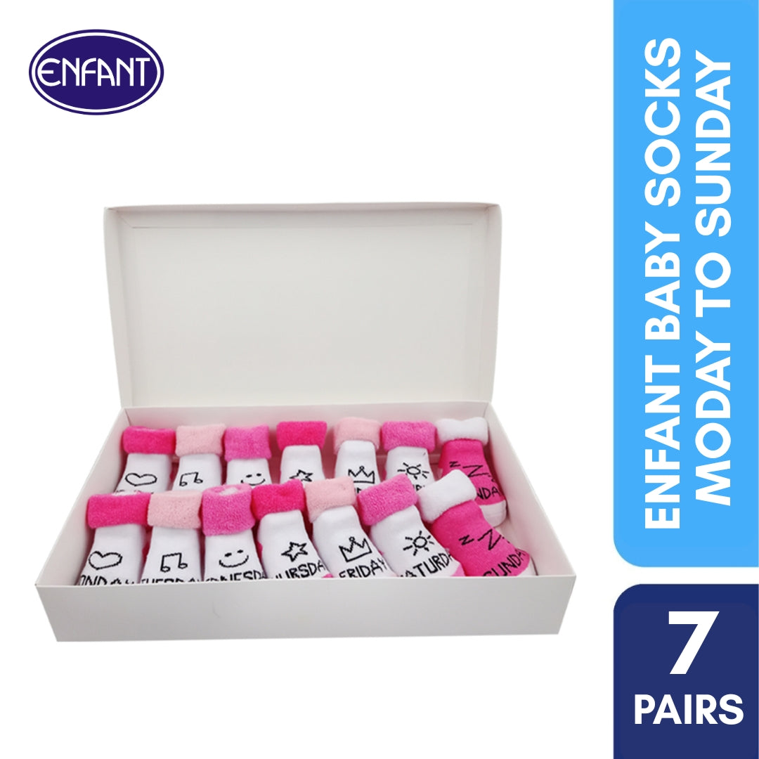 Enfant 1 week Baby Girl Socks Gift Set  7 Pairs (6-12) Pink Monday to Sunday
