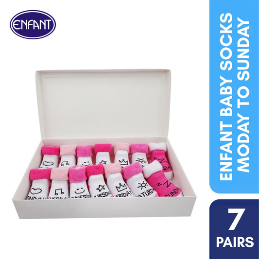Enfant 1 week Baby Girl Socks Gift Set  7 Pairs (6-12) Pink Monday to Sunday