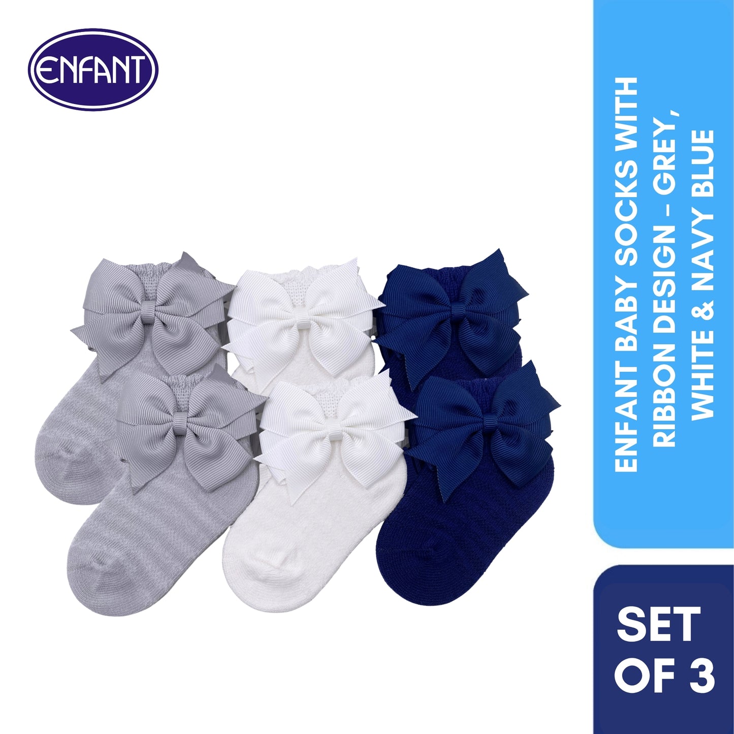 Enfant Baby Socks with Ribbon Design – Grey,  White & Navy Blue