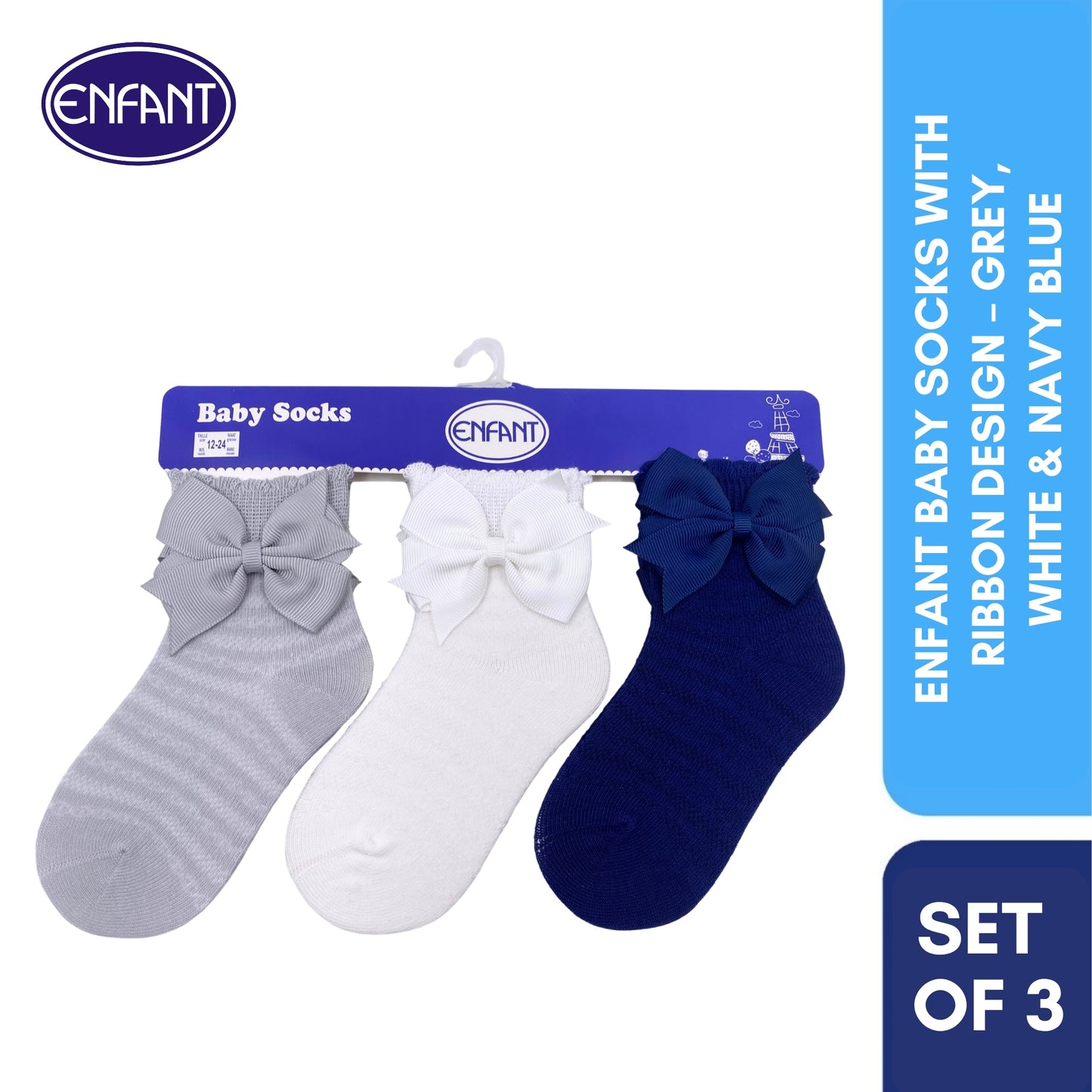 Enfant Baby Socks with Ribbon Design – Grey,  White & Navy Blue