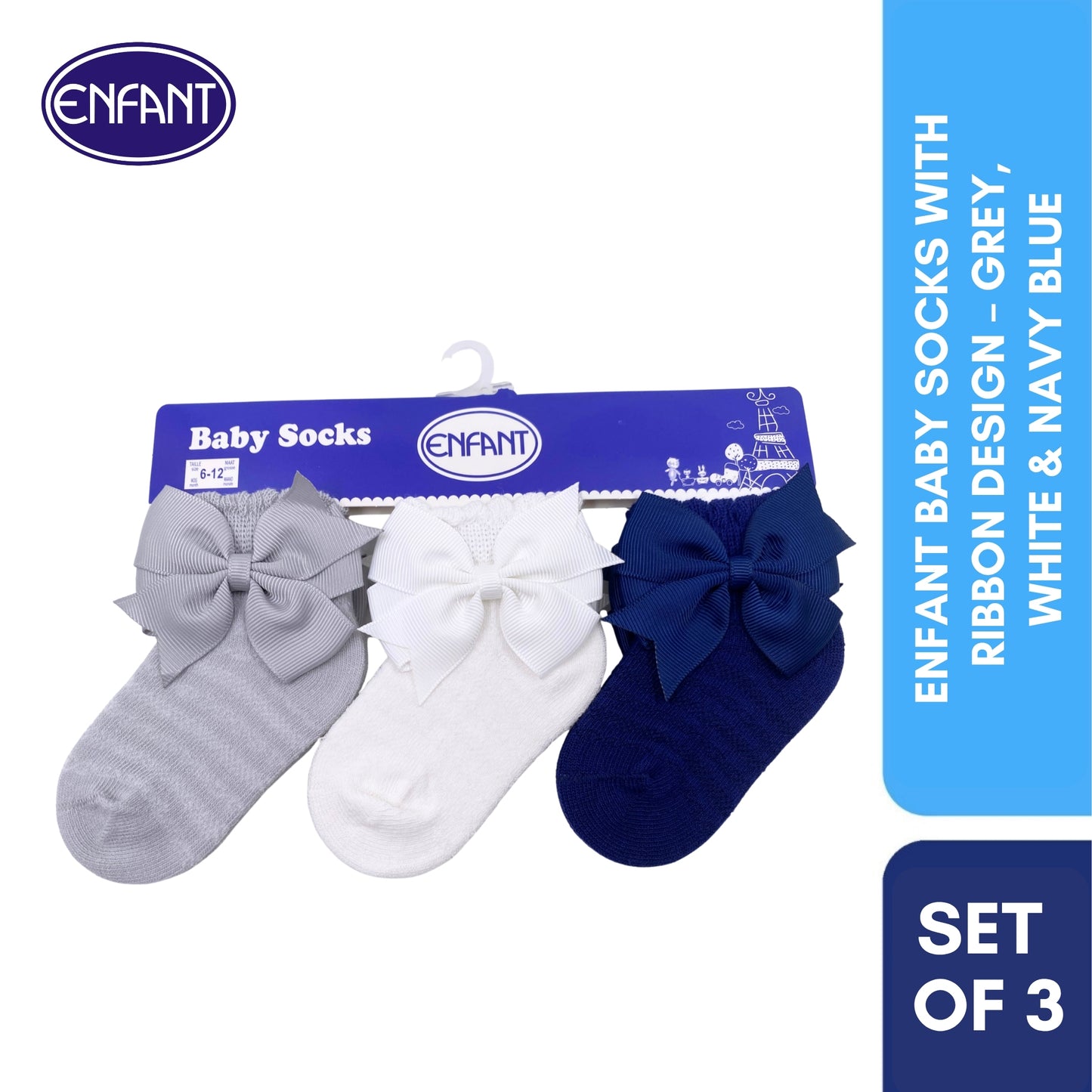 Enfant Baby Socks with Ribbon Design – Grey,  White & Navy Blue