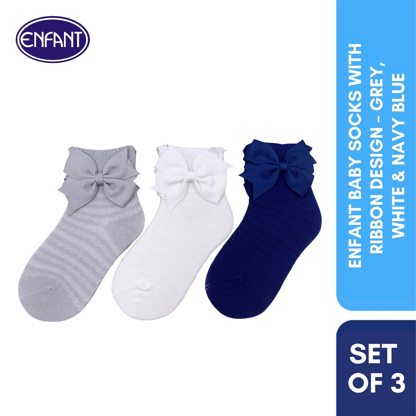 Enfant Baby Socks with Ribbon Design – Grey,  White & Navy Blue