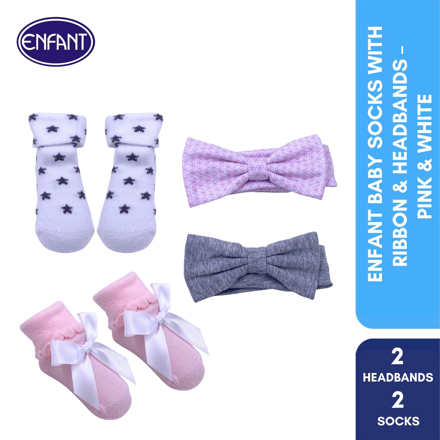 Enfant Baby Socks with Ribbon & Headbands –  Pink & White