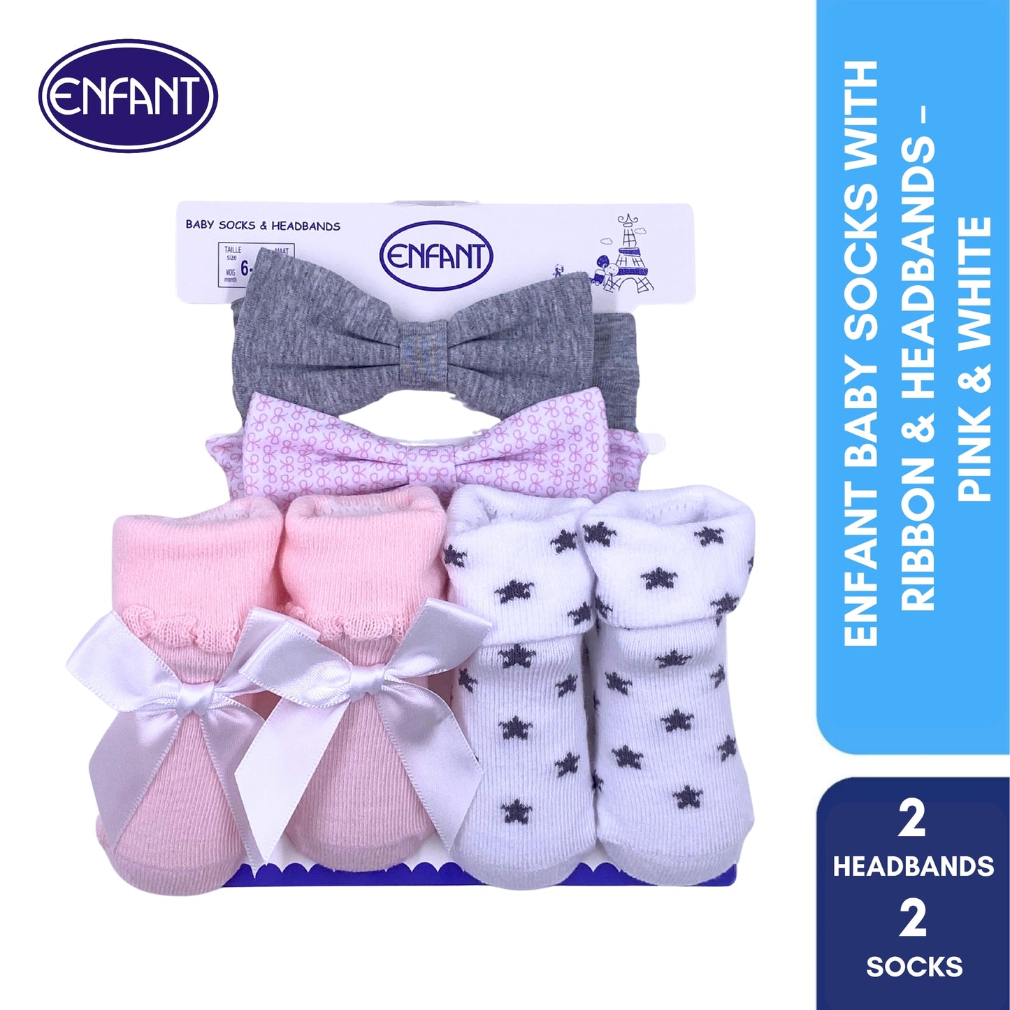 Enfant Baby Socks with Ribbon & Headbands –  Pink & White