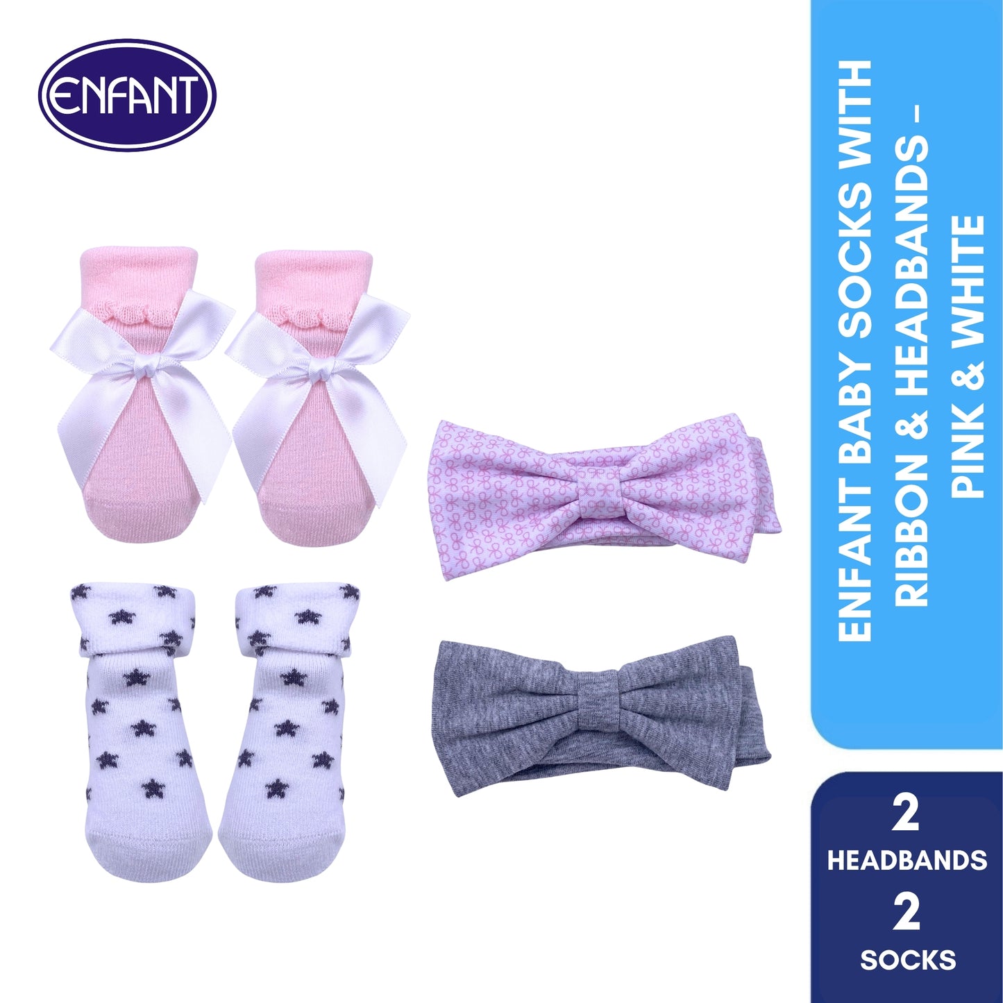 Enfant Baby Socks with Ribbon & Headbands –  Pink & White