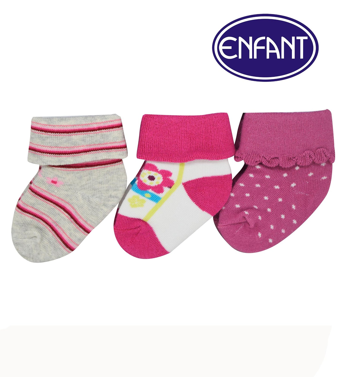 Enfant Baby Girl Socks Set of 3 (pink and grey)