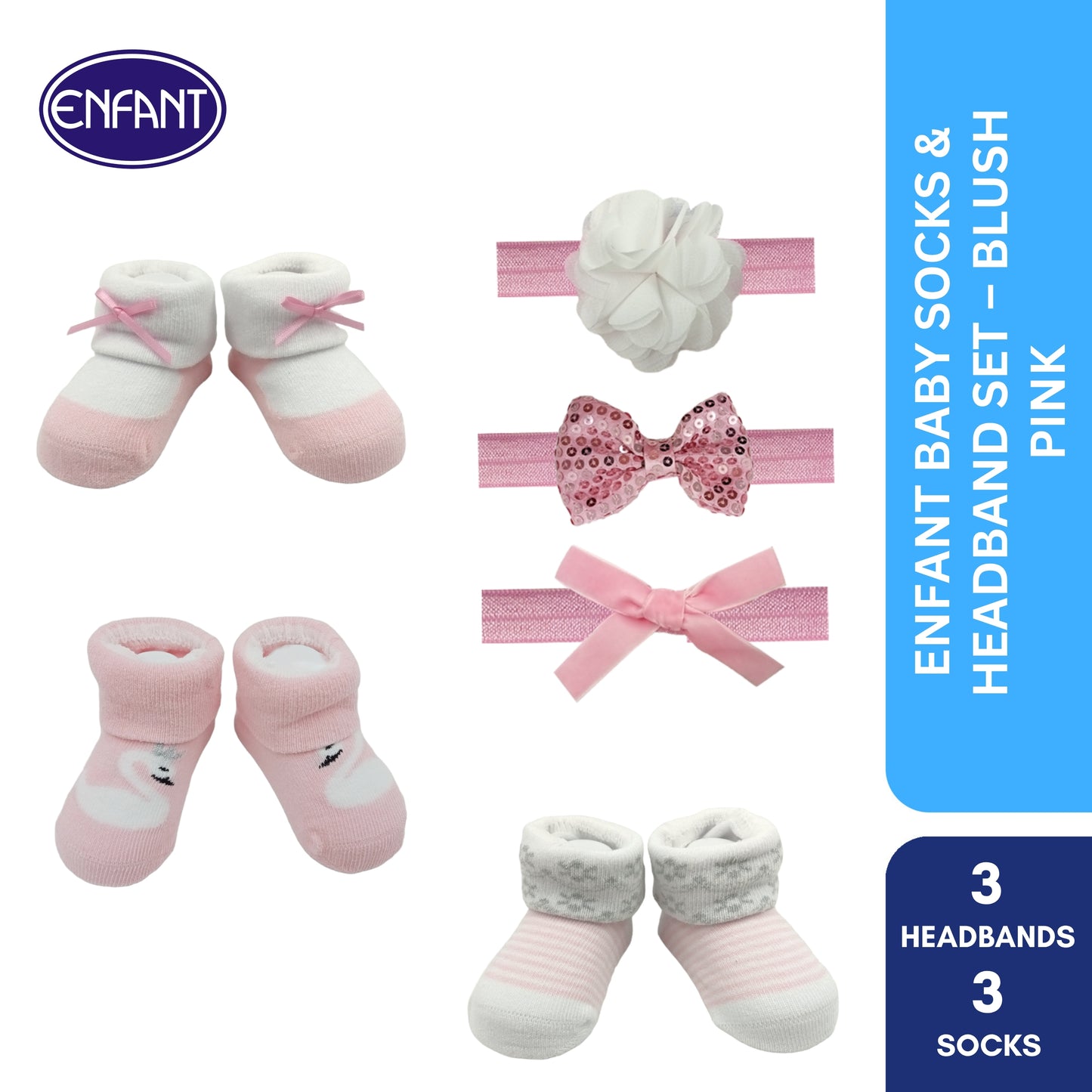 Enfant baby socks and head band for baby girl ( 3 set of  headband and 3 set of socks)