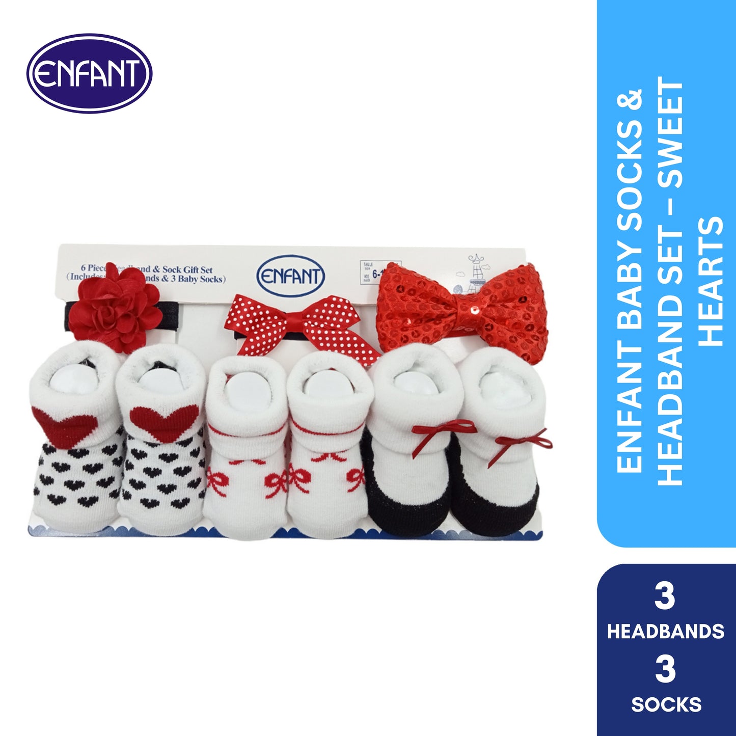 Enfant baby socks and head band for baby girl ( 3 set of  headband and 3 set of socks)