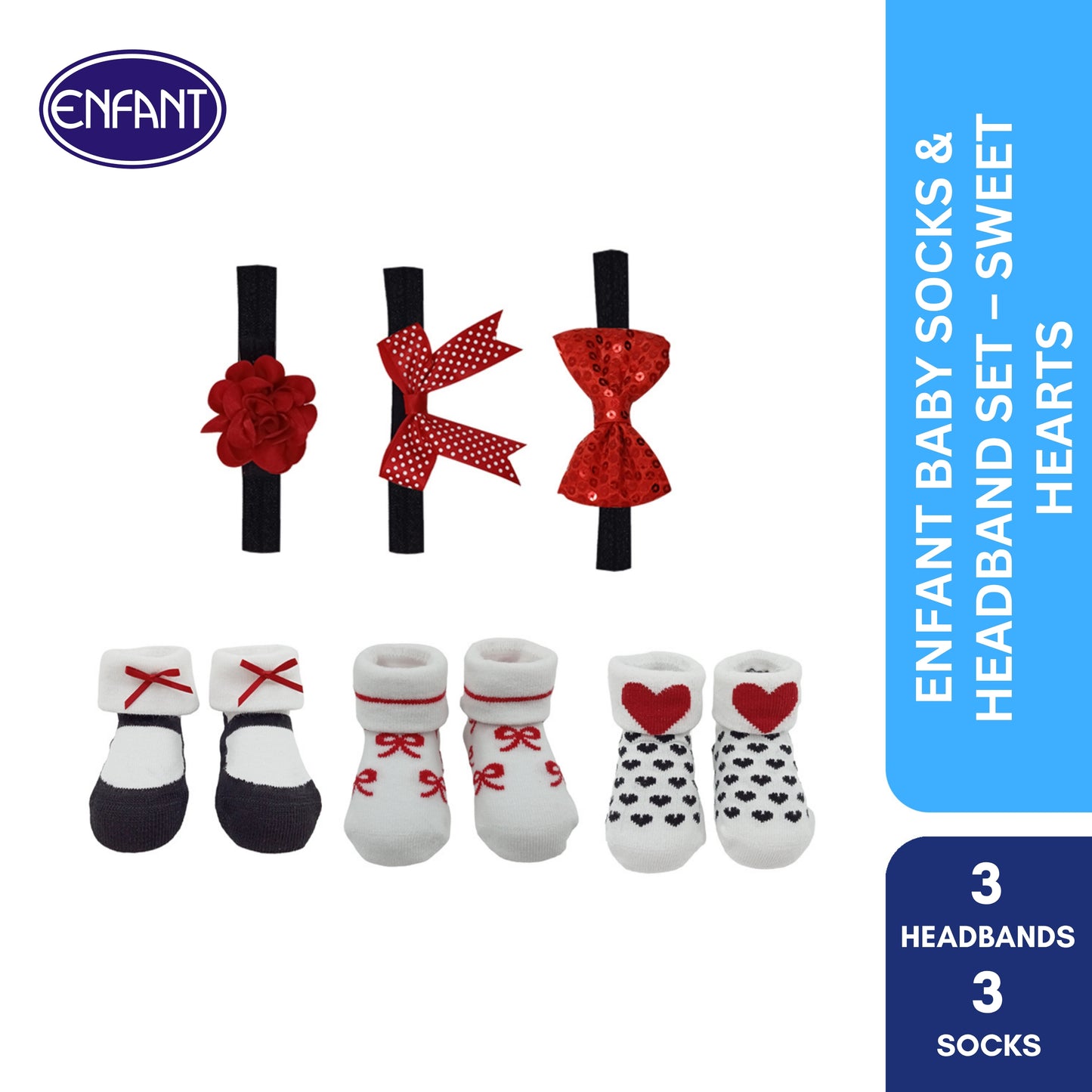Enfant baby socks and head band for baby girl ( 3 set of  headband and 3 set of socks)