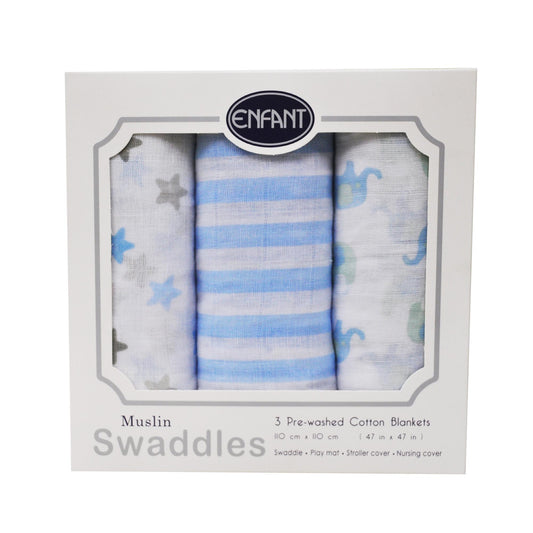 Enfant Baby Muslin Swaddle set of 3 - Multipurpose Cloth 110x110  Blue