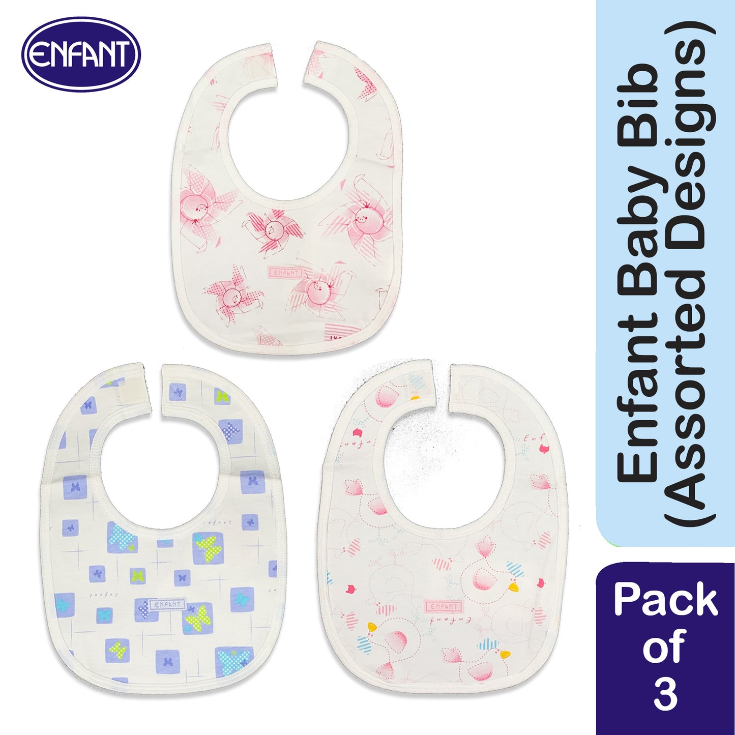 Enfant  SALE  Baby Newborn BIB with velcro  100% Cotton (blue or pink) Set of 3  (Assorted Design )