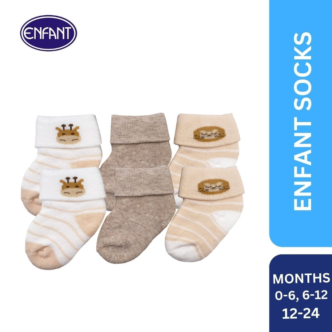 enfant baby boys socks with giraffe and lionen for 0-6/6-12/12-24 (3 pairs)