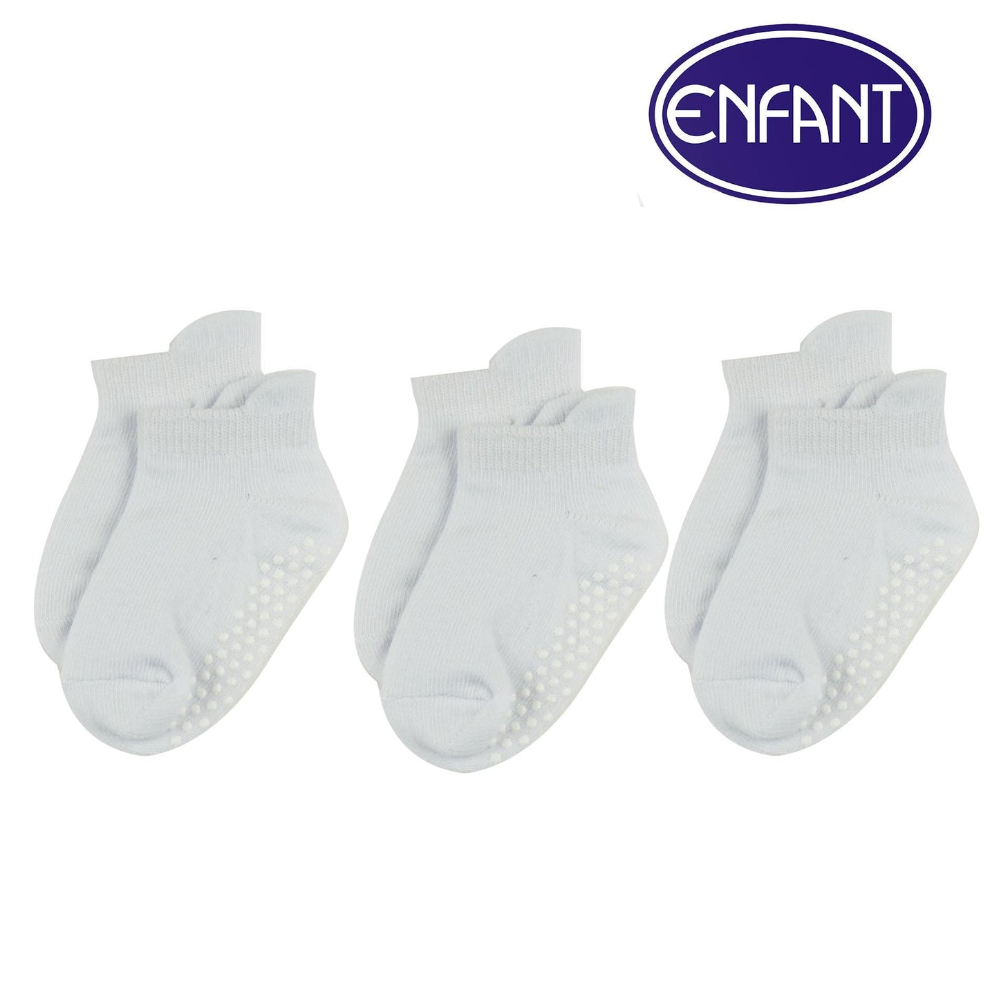 Enfant Baby Plain White Socks Non Slip/Anti Skid Newborn 3 Pairs (White)