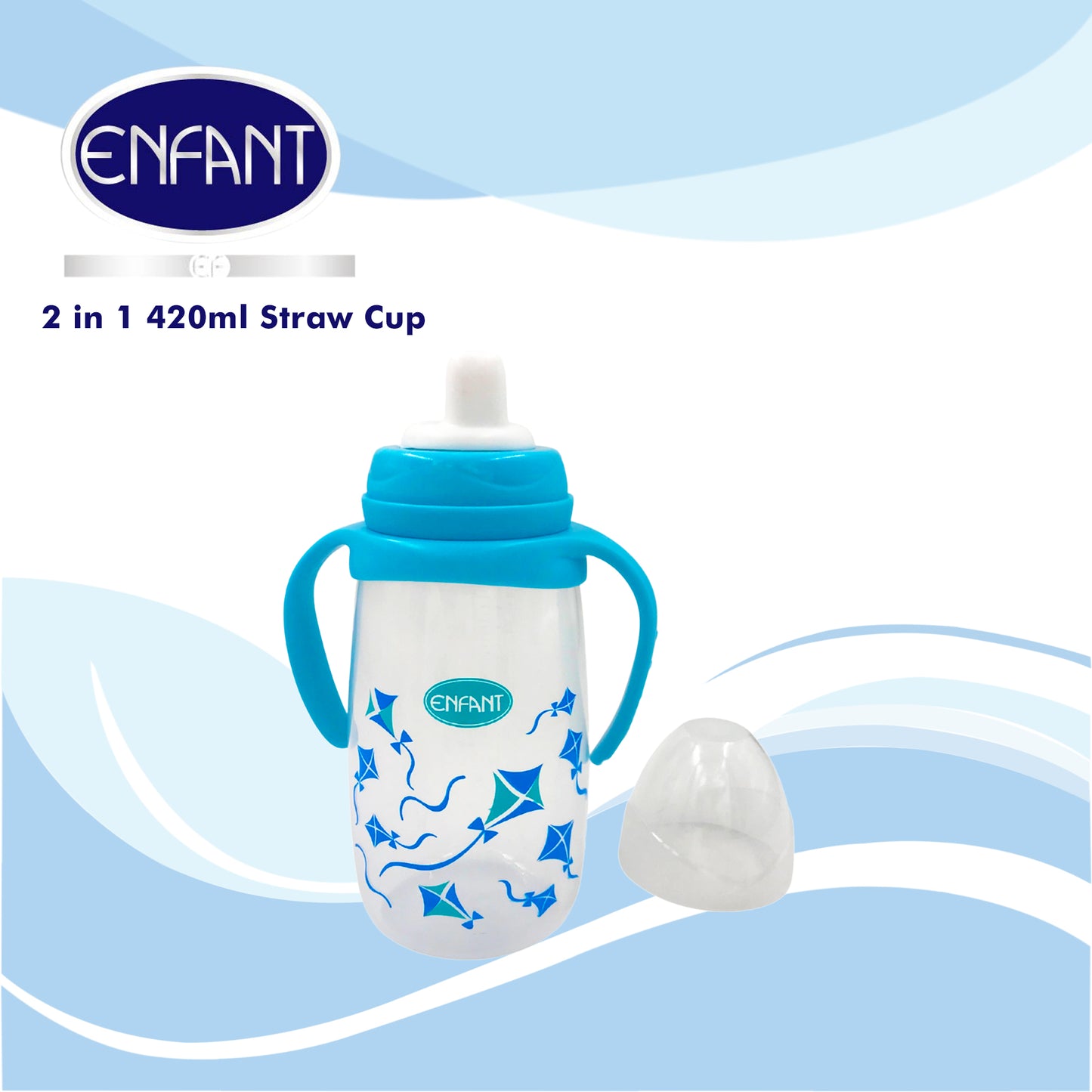 Enfant 2 in 1 420ml / 14 oz Drinking Bottle Spout + / Straw Cup With Handle  (Blue/ Pink)