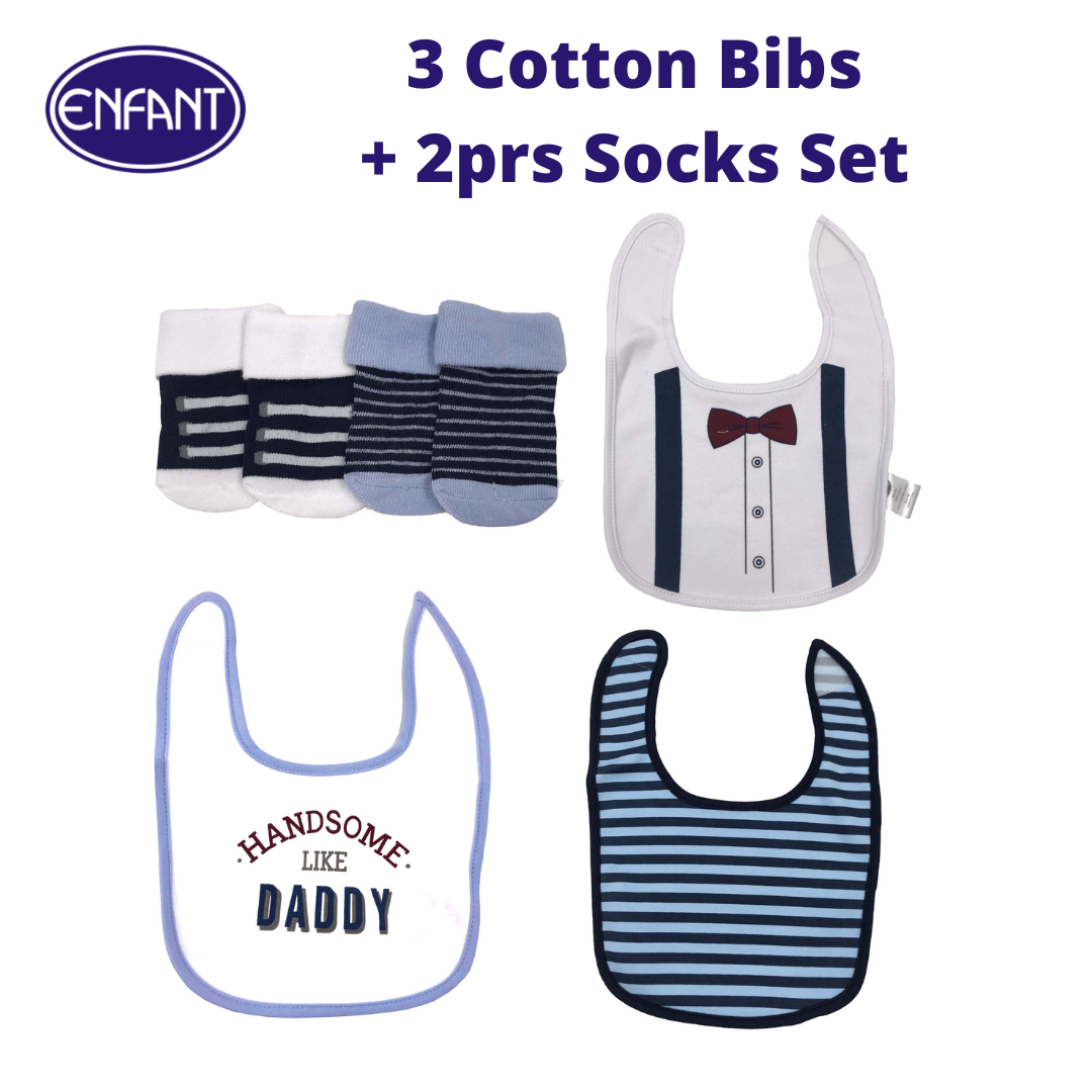 Enfant NEW Baby Newborn 3 Cotton Bibs and 2 pairs Socks Set  (5 pcs set)