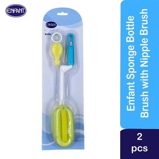 Enfant Sponge Foam Spinning Bottle Brush and Nipple Brush Cleaning Set - Blue or Pink - 30 cm long