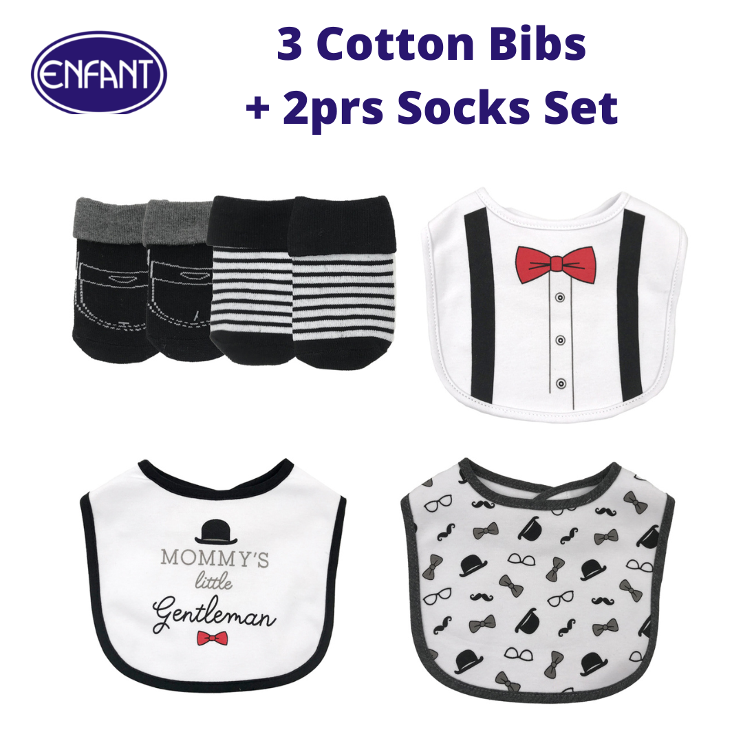 Enfant NEW Baby Newborn 3 Cotton Bibs and 2 pairs Socks Set  (5 pcs set)