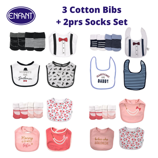 Enfant NEW Baby Newborn 3 Cotton Bibs and 2 pairs Socks Set  (5 pcs set)