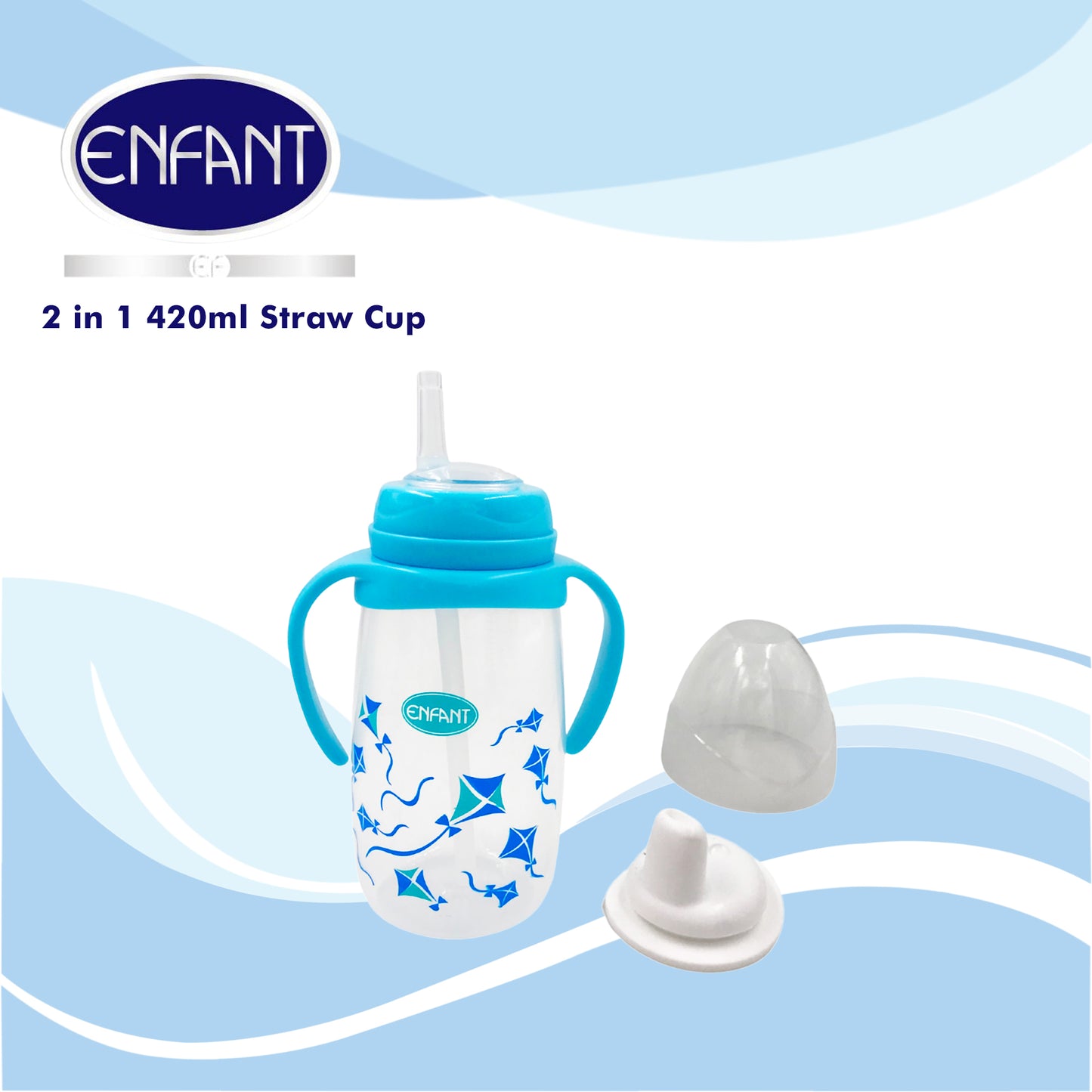 Enfant 2 in 1 420ml / 14 oz Drinking Bottle Spout + / Straw Cup With Handle  (Blue/ Pink)