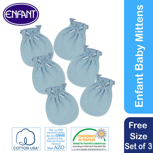 Enfant Newborn Baby Mittens with Garter Set of 3 (Blue)