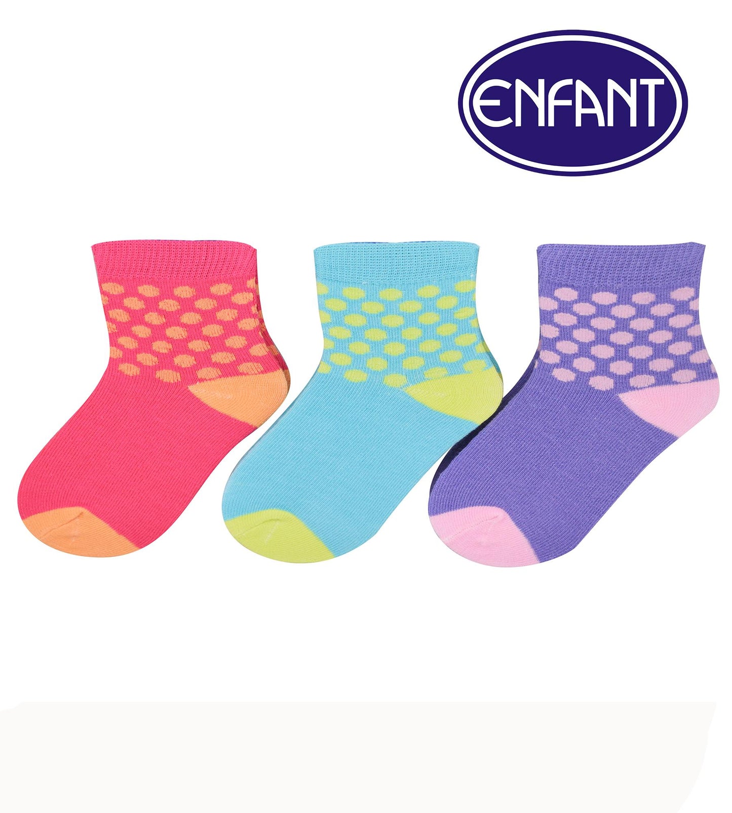 Enfant Baby Girl Socks with polka dots design Set of 3 (pink,blue and violet)