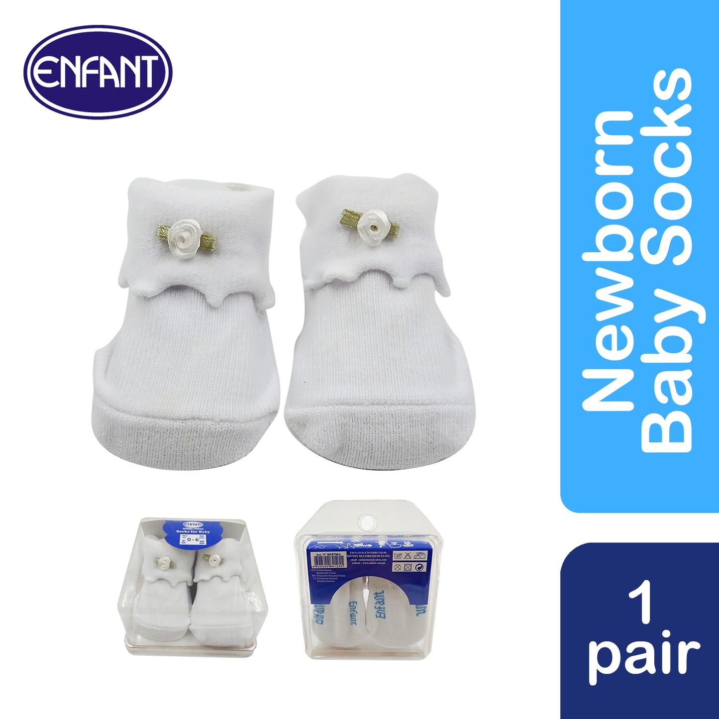 Enfant Newborn Baby Socks with Ribbon - 1 pair