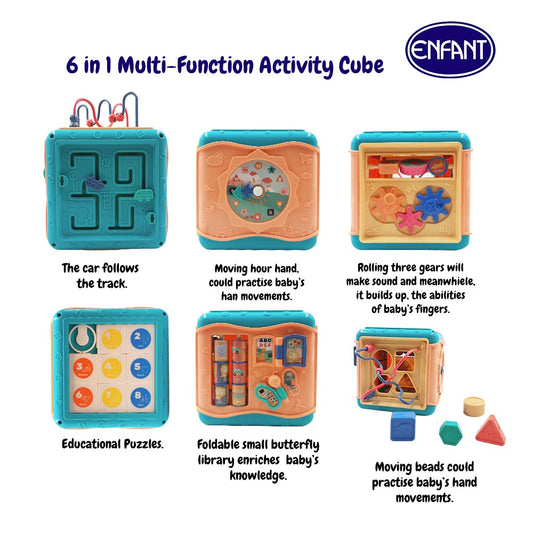 Enfant 7 in 1 square shape  geometric fitting boxes., Maze., Hours, Numbers, Rotatable gears